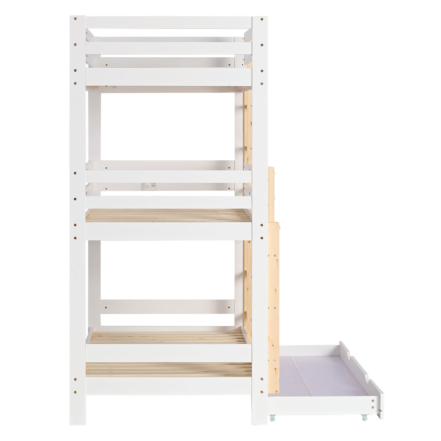 Bunk Bed 3 Levels 90x200 cm White | Ladders Natural | with Bed Drawer | with Slatted Frame