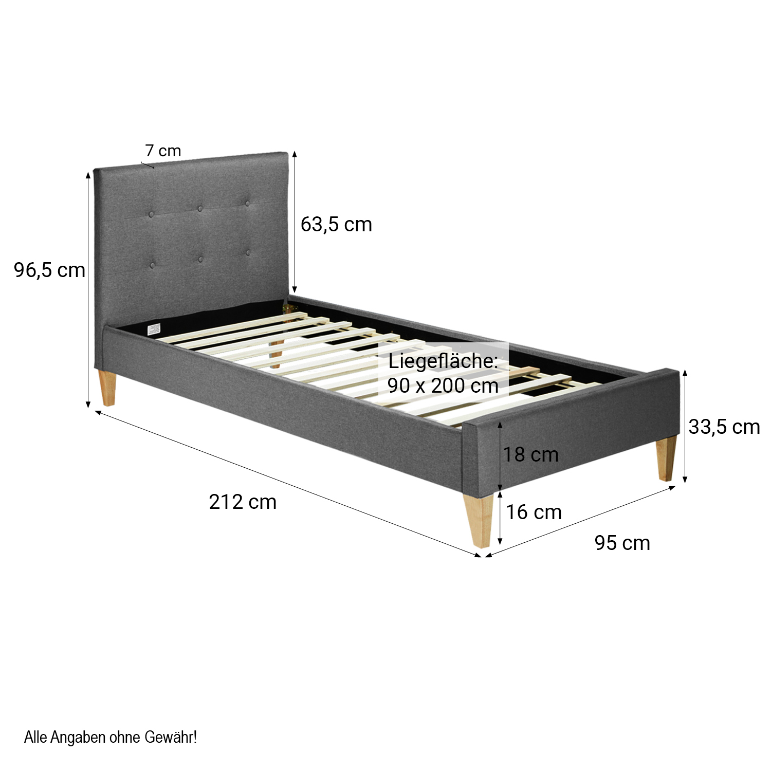 Upholstered Bed 90x200 cm Gray with Mattress & Slatted Base – Single Fabric Bed with Headboard, Complete Set