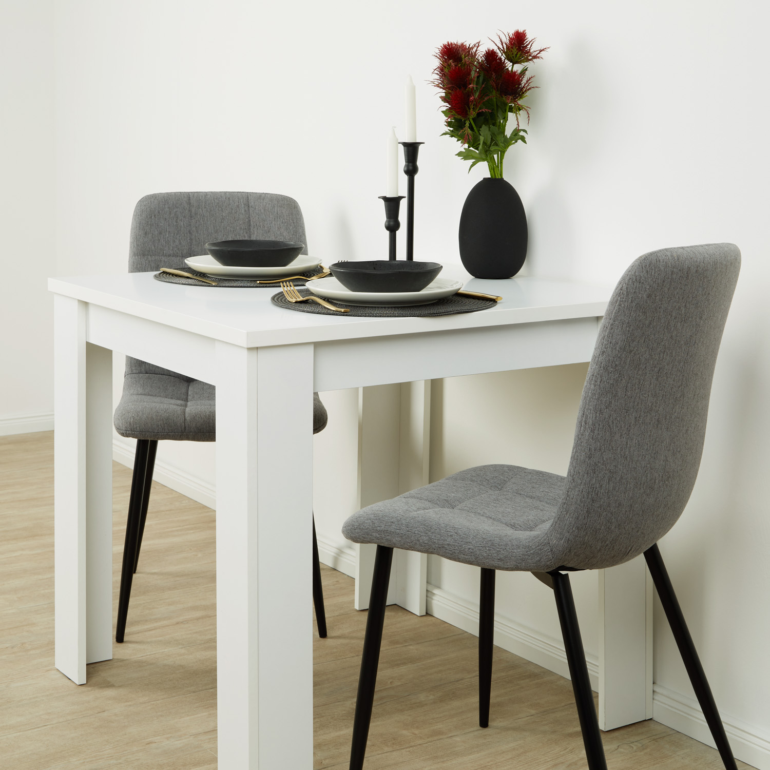 White 80x80 cm dining set + 2 gray upholstered chairs without armrests – Modern & space-saving