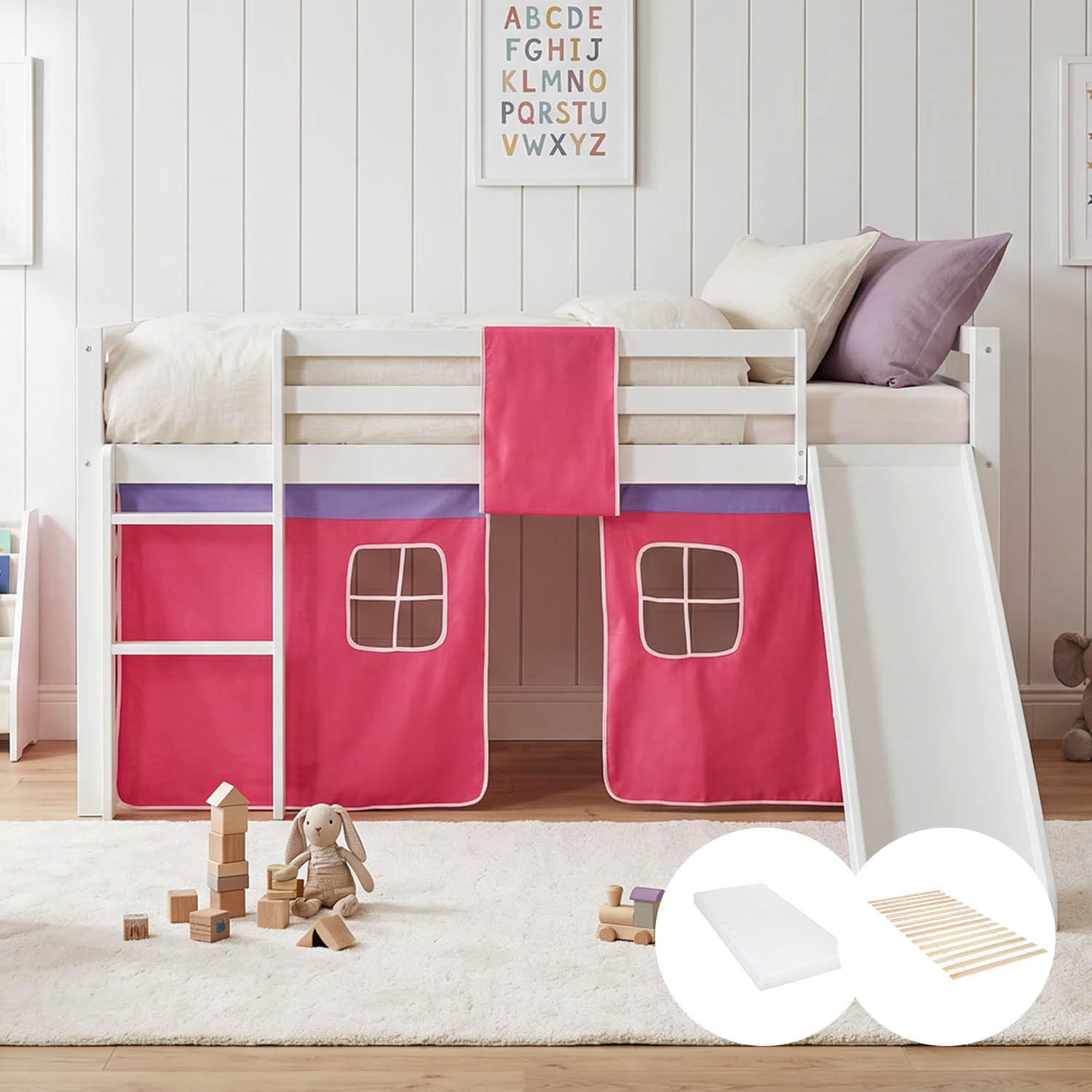 Children's Loft Bed 90x200 cm White with Pink Curtain | Slide | Includes Slatted Base | Includes Mattress