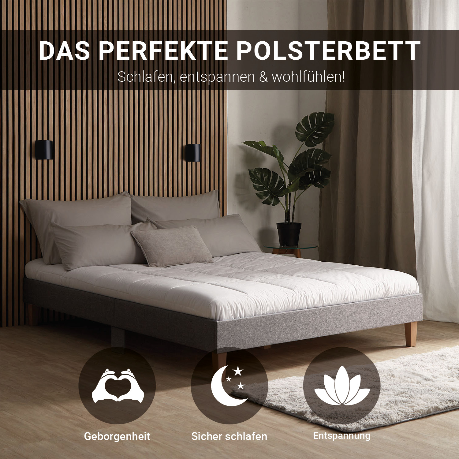 Upholstered bed 140x200 cm grey | futon bed | with slatted frame | double fabric bed frame