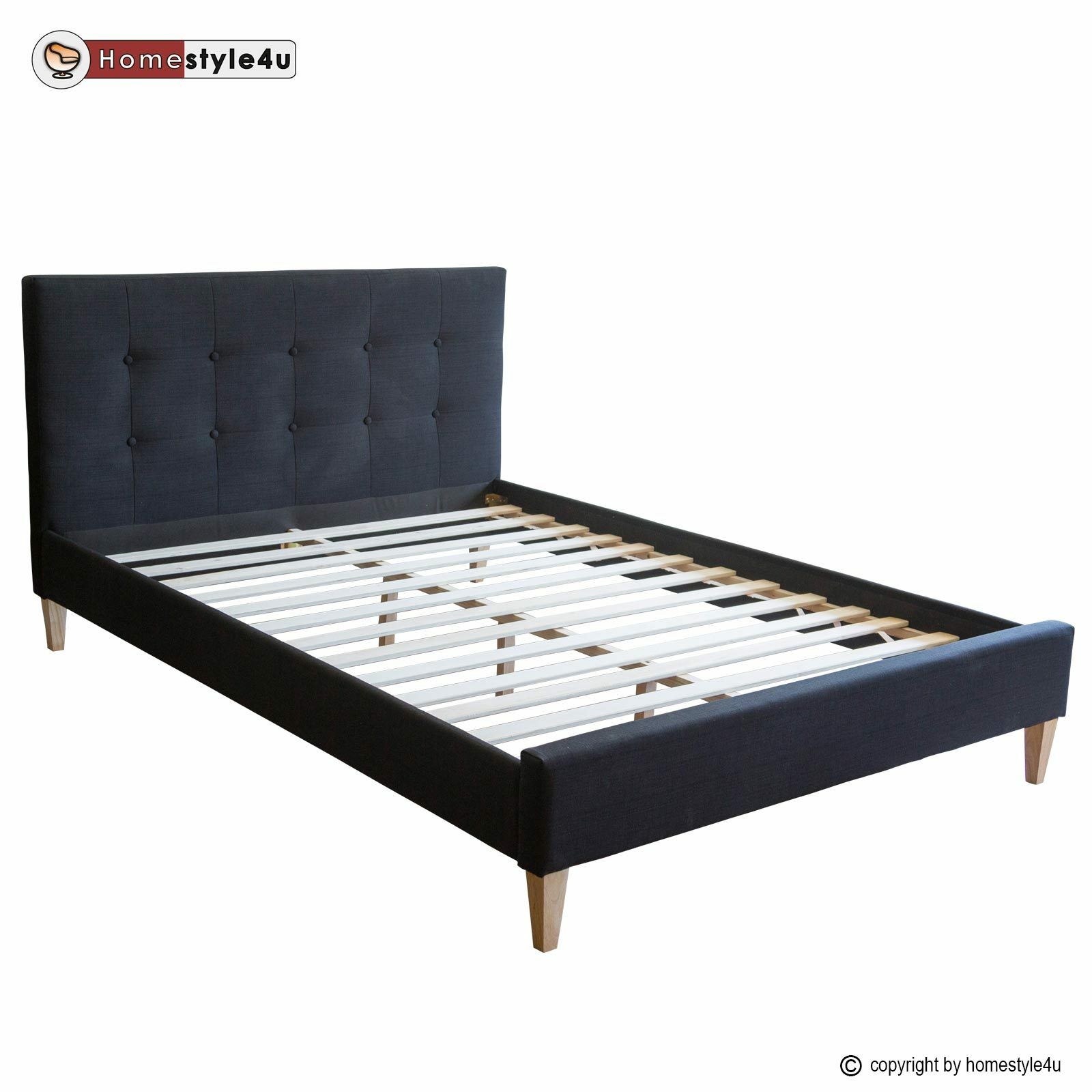 Upholstered bed 140x200 cm black | with slatted frame | double fabric bed frame