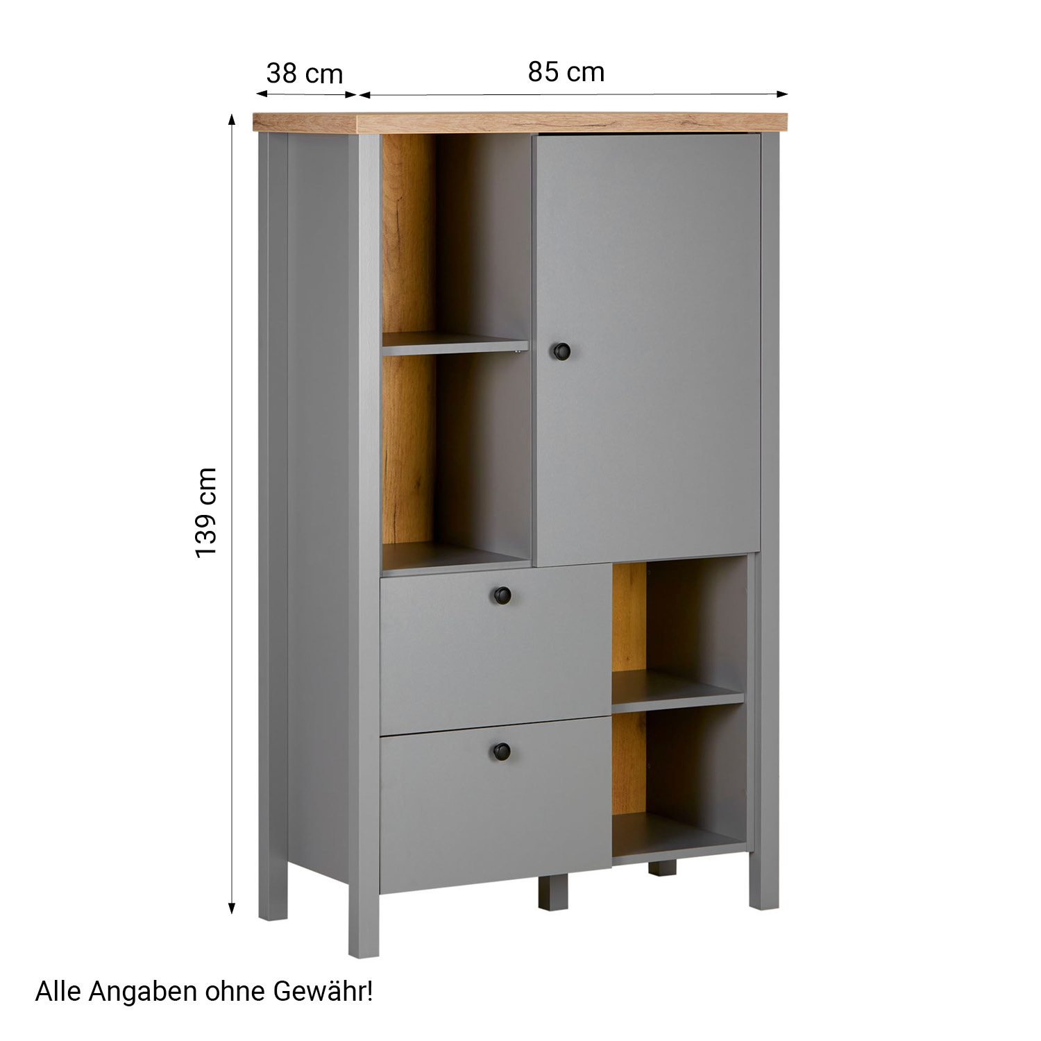 Highboard Sideboard Grey Wood Natural Storage 2 Drawers Cabinet Buffet Credenza Living Room Cupboard