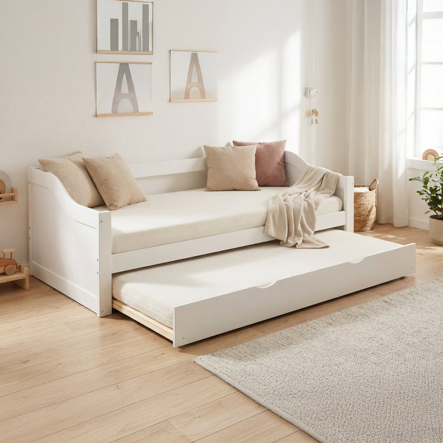 Wooden Bed 90x200 cm White | Extends to a Double Bed | Bunk Bed | With Slatted Base | Pull-Out Bed, Functional Bed, Duo Bed