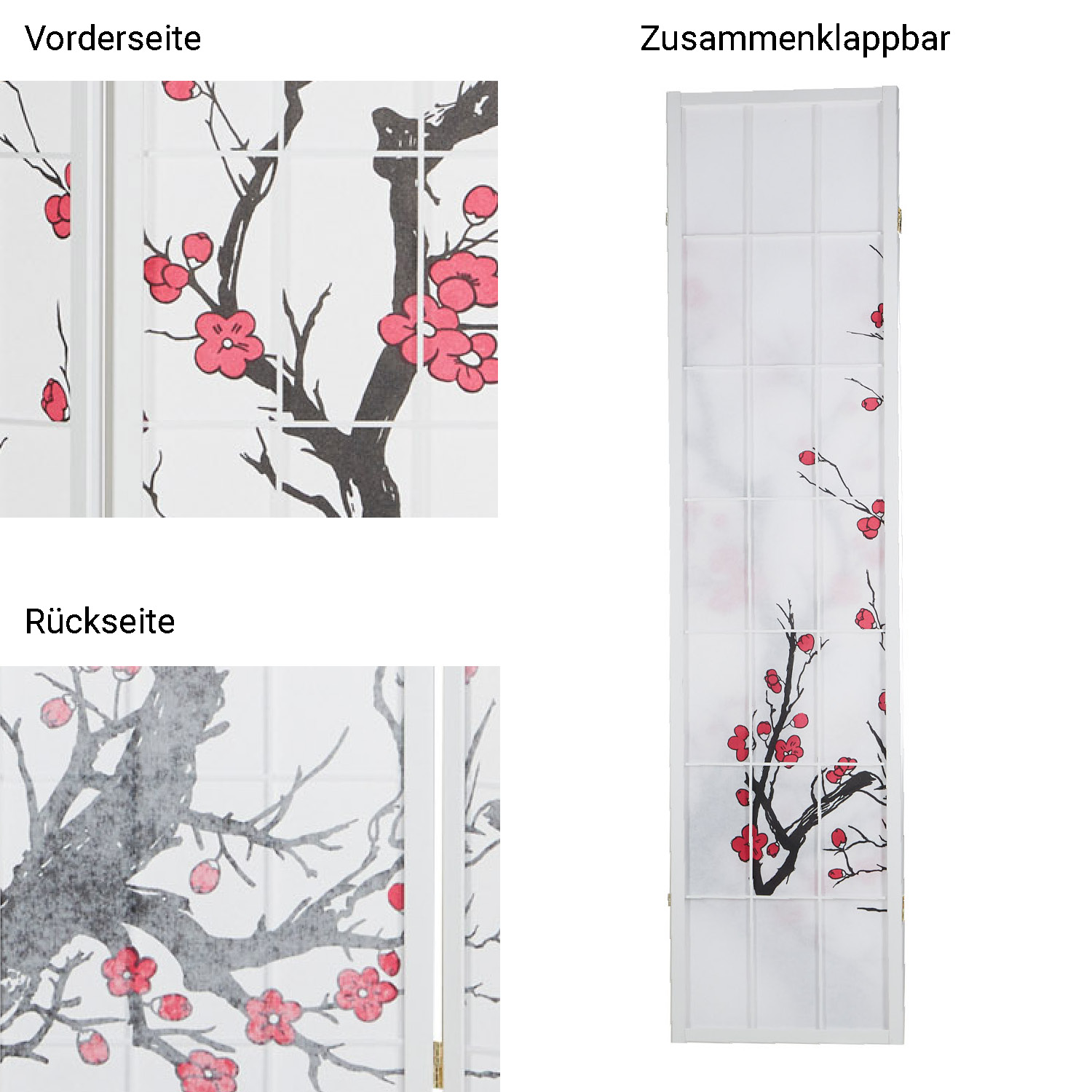 White Cherry-Patterned Screen | White Rice Paper | 4-Panel | Wood | Room Divider, Partition, Privacy Screen