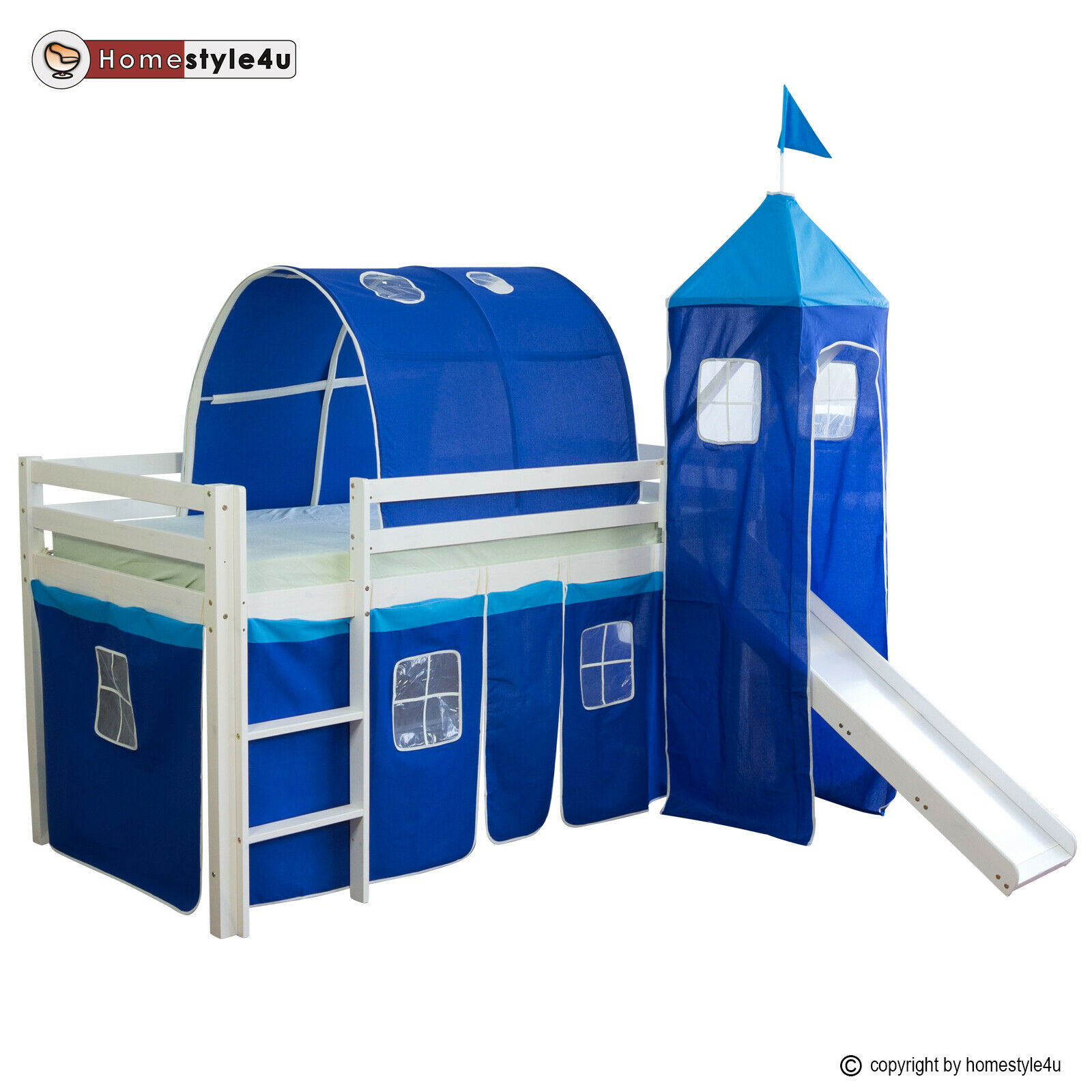Loft Bed Kids 90x200 cm White with Curtain Blue | Tunnel | Tower | Slide | without Slatted Frame Loft Bed Kids 90x200 cm White with Curtain Blue | Tunnel | Tower | Slide | without Slatted Frame