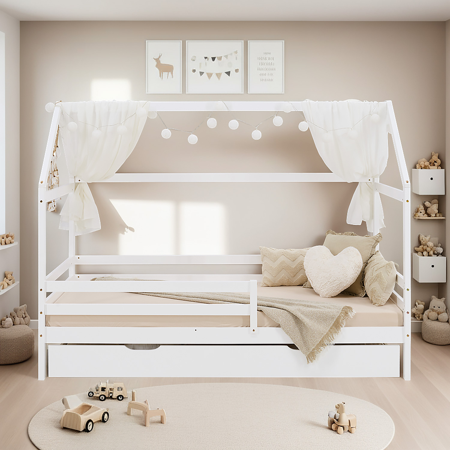 Children's Bed 90x200 cm White | House Bed with Fall Protection and Bed Drawer | Montessori | Single Bed | with Slatted Frame | Wood