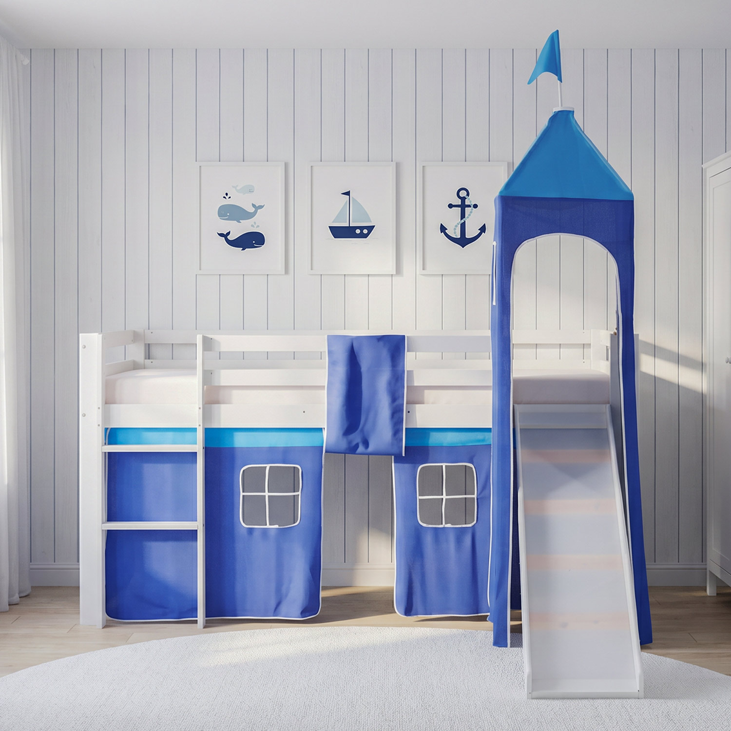 Children's Loft Bed 90x200 cm White with Blue Curtain | Tower | Slide | Without Slatted Base | For Boys