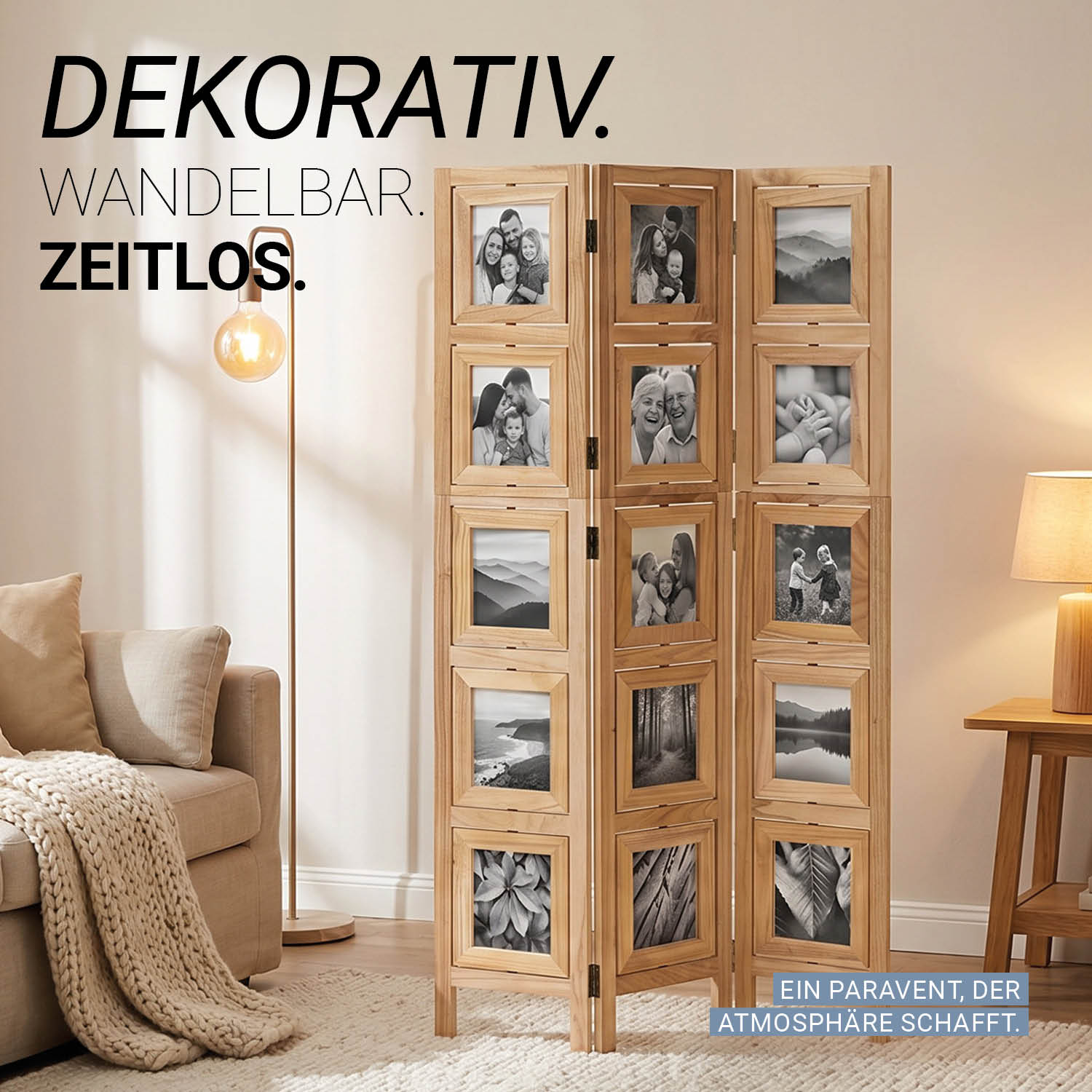 3-Panel "Nature" Folding Screen with Photos – Wooden Room Divider as a Photo Display