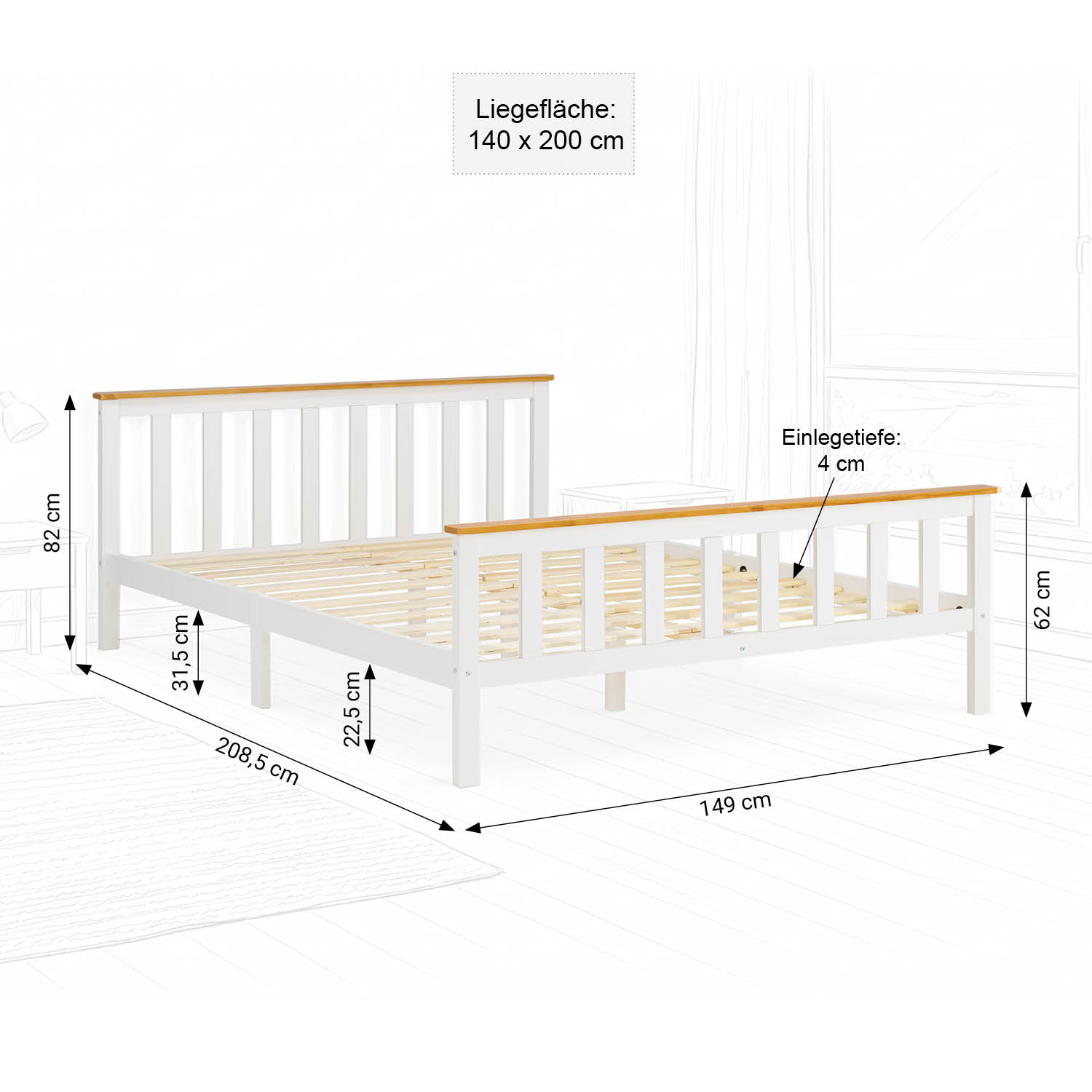 Wooden Bed 140x200 cm Natural White | Double Bed | With Slatted Base | Scandinavian Style | Children's, Teen, or Guest Bedroom