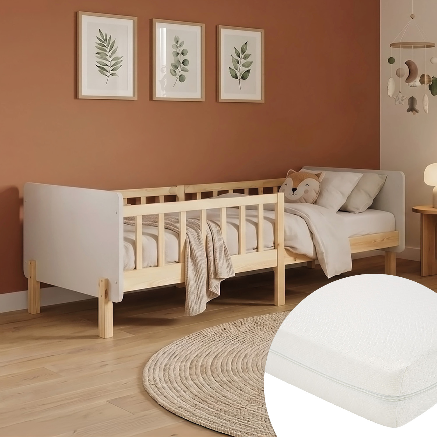Single bed 90x200 cm White with Mattress Wooden Bed frame Toddler bed with safety rail Kids bed Childrens bed Slatted frame