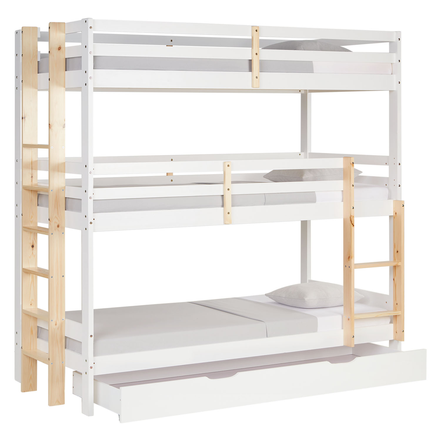 Bunk Bed 3 Levels 90x200 cm White | Ladders Natural | with Bed Drawer | with Slatted Frame
