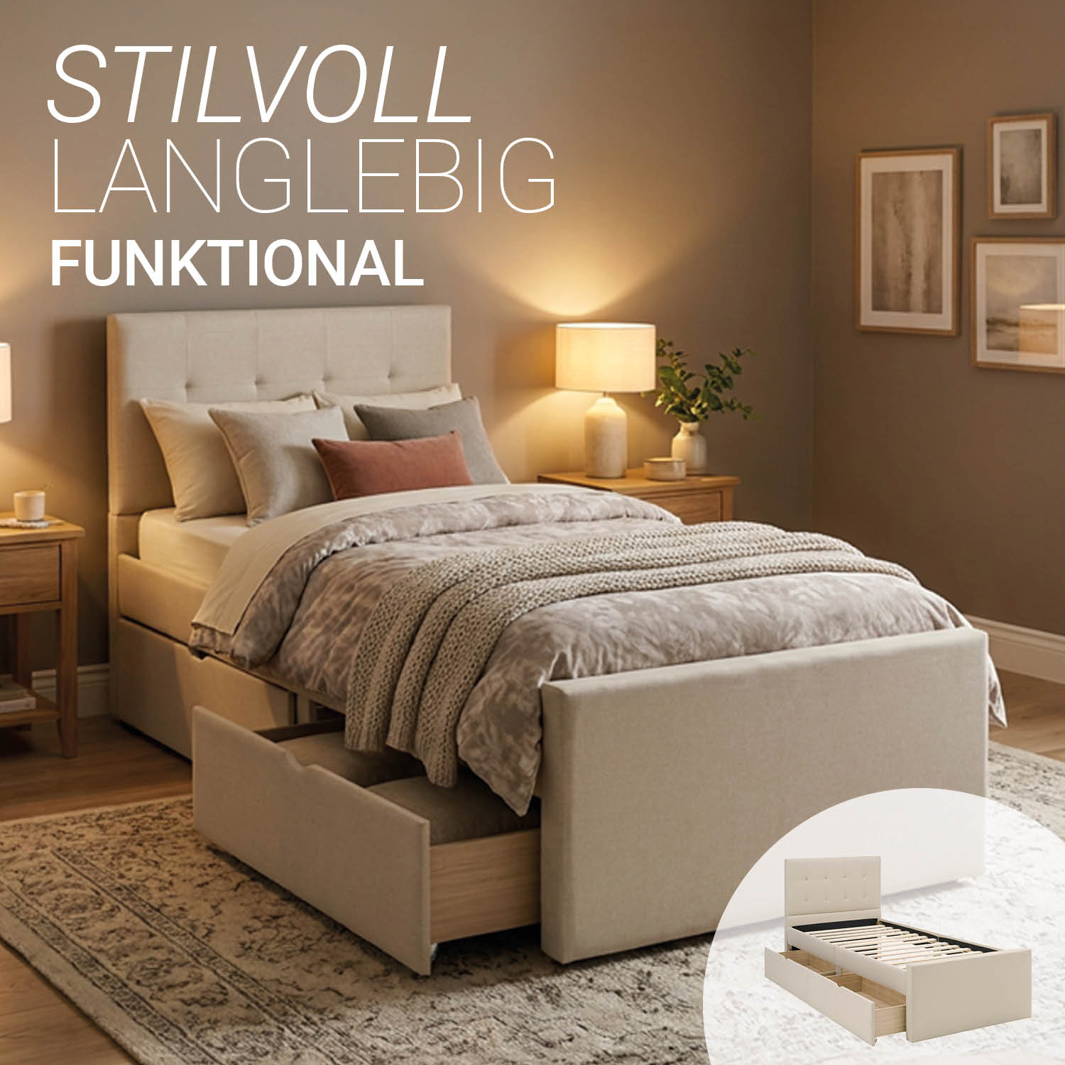 Upholstered bed 90x200 cm beige | with slatted frame | with 2 bed drawers | single fabric bed frame