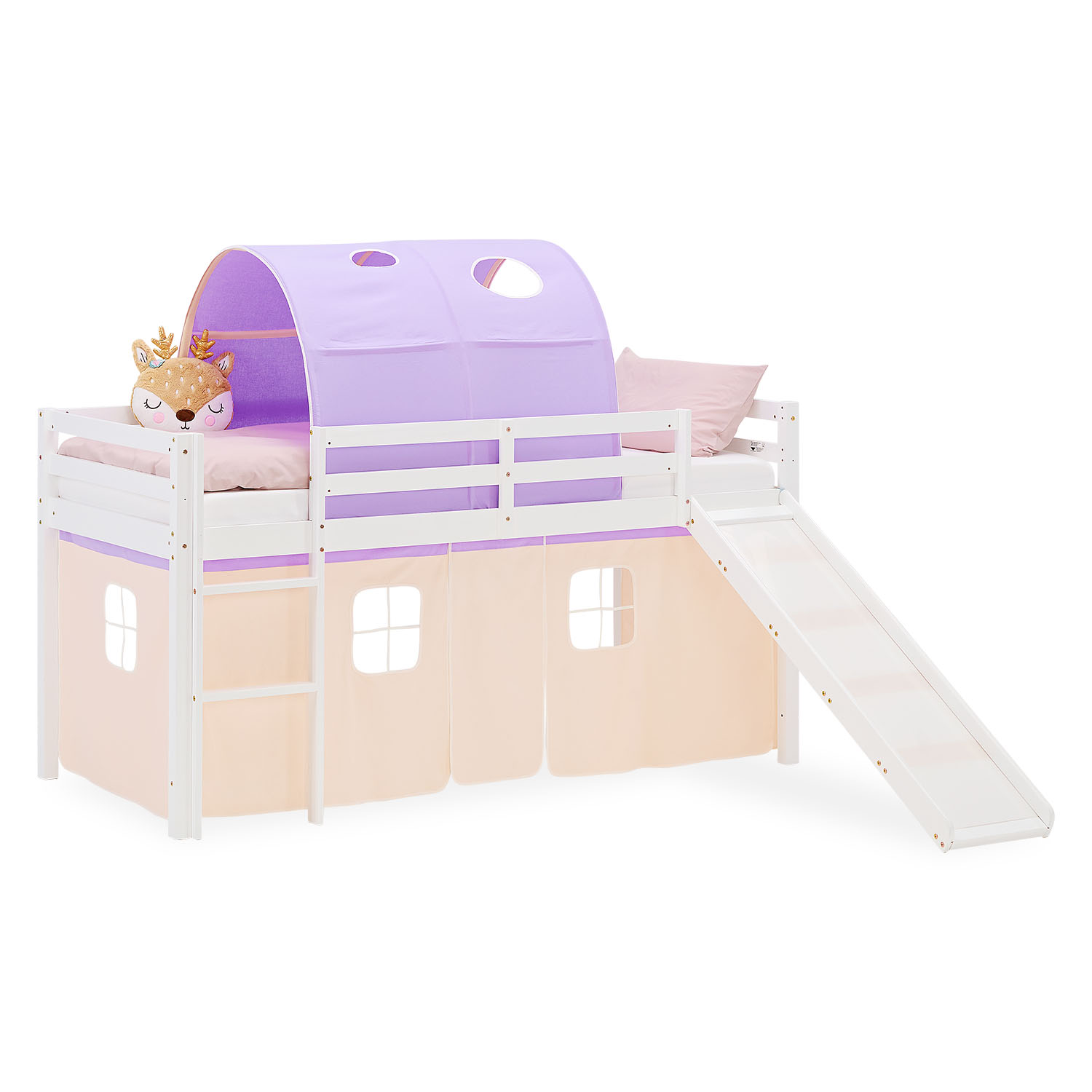 Hochbett Kinder 90x200 cm Kinderbett Kinderhochbett Stockbett Tunnel Vorhang Turm Lila Beige Rutsche Holz Massiv Lattenrost Matratze
