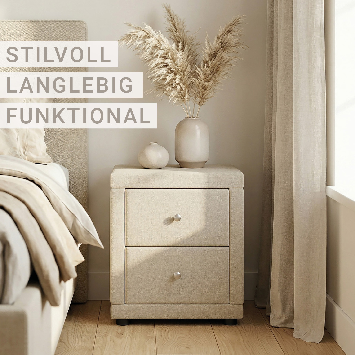 2 Bedside tables Nightstand bedroom 2 Chest drawers Side table Beige fabric