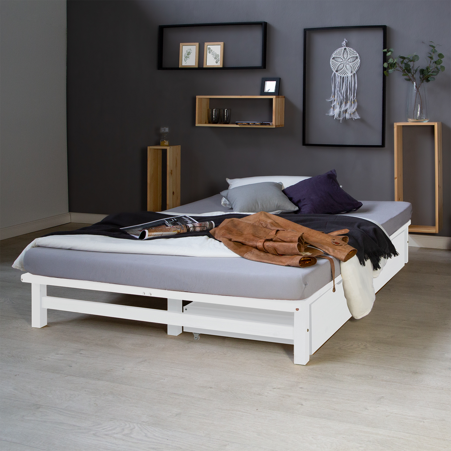Pallet Bed 140x200 cm White | Double Bed with Storage Drawers | with Slatted Frame | Wood | Kids Youth Guest Bedroom