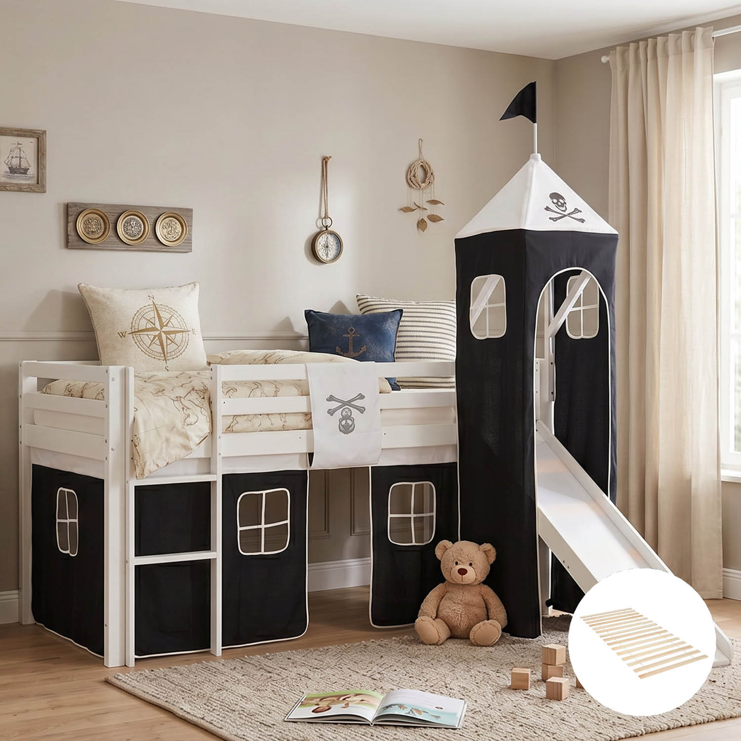 Children's Loft Bed 90x200 cm White with Black Curtain | Tower | Slide | With Slatted Base | For Boys | Pirate