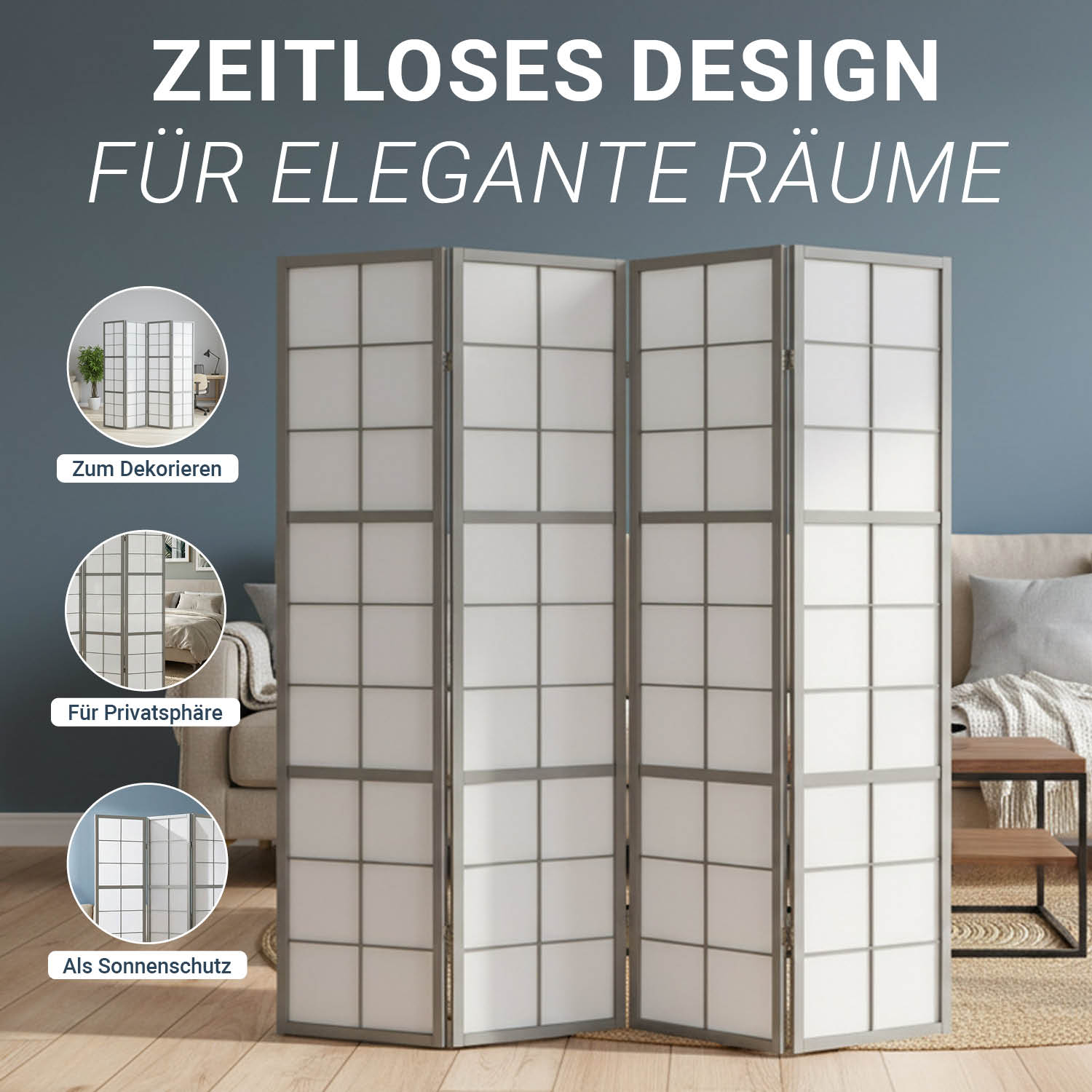 Paravent Grey Shoji | 4-panel | Wood | Room Divider | Partition Privacy Screen