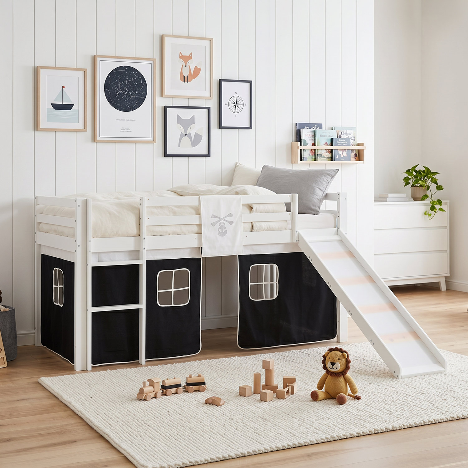 Children's loft bed, 90x200 cm, white with black curtain | Slide | Includes slatted base