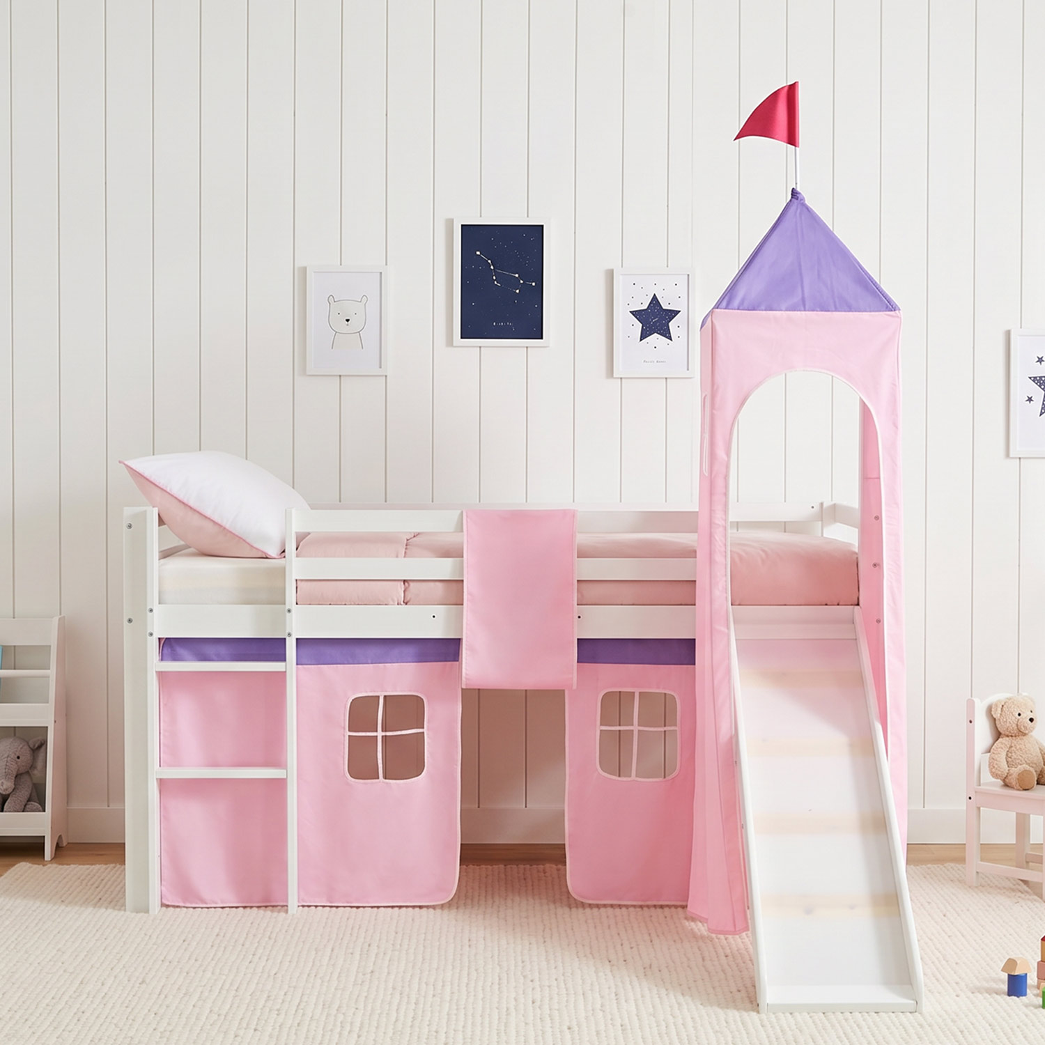 Children's Loft Bed 90x200 cm White with Pink Curtain | Slide | Tower | With Slatted Base | With Mattress