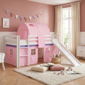 Loftbed 90x200 cm Bunk bed Childrens bed Solid Pine Wood Tower Tunnel Curtain Pink Slide Mattress Slats