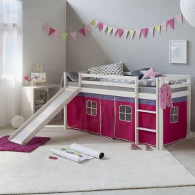 Loftbed 90x200 cm Bunk bed Childrens bed Solid Pine Wood Tower Tunnel Curtain Pink Slide Mattress Slats