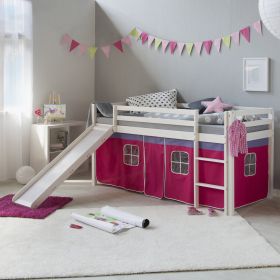 Loftbed 90x200 cm Bunk bed Childrens bed Solid Pine Wood Tower Tunnel Curtain Pink Slide Mattress Slats