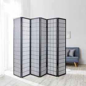 Paravent in Schwarz mit Holzelementen, 6 beweglichen Elementen und Shoji-Design. Der Artikel ist freigestellt auf weißem Hintergrund abgebildet. Sichtbare Details sind mehrere gelenkig verbundene Paneele, ein regelmäßiges Holzraster und helle Paneelfläche