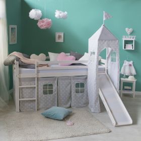 Loftbed with Slide 90x200 cm Mattress Tower Bunk bed Childrens bed Solid Pine Wood Curtain Grey Stars Slats