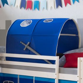 Bettzelt und Spieltunnel in Blau. Der gebogene Stofftunnel ist einzeln vor weißem Hintergrund abgebildet. Die offene Stirnseite, die gewölbte Stofffläche und die seitlichen runden Sichtfenster sind sichtbar.
