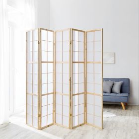 Five-panel Shoji screen made of light natural wood in a modern interior ? Japanese-style room divider with translucent rice paper and classic grid design, ideal for space separation in minimalist, Scandinavian-Asian living environments.