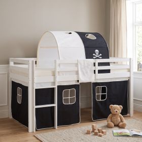 Children's Loft Bed 90x200 cm White with Black Curtain | Tunnel | Without Slatted Base | Pirate | Boys