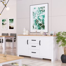 Highboard in Weiß mit Oberflächen in Eichenoptik und Schubladenstauraum. Der Artikel ist freigestellt auf weißem Hintergrund abgebildet. Sichtbare Details sind geschlossene Schranktüren, Schubladenfronten, waagerechte Griffe und eine naturfarbene obere Ho