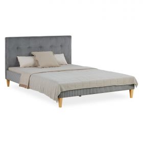 Small Double Bed 140x200 cm with Mattress Upholstered Bed Grey Cord with Slatted Frame Fabric Bed Frame