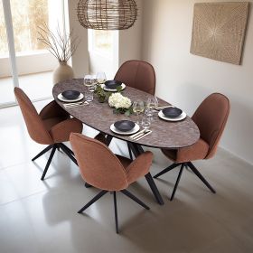 Esstisch mit 4 Stühlen Set Essgruppe Polsterstühle Drehbar Bouclé Leder Braun Beige Esszimmertisch Oval Metall Schwarz