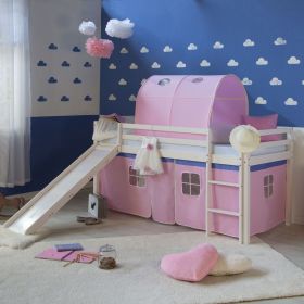 Loft Bed Kids 90x200 cm White with Curtain in Pink | Tunnel | Slide | with Slatted Frame