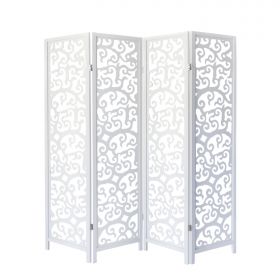 Paravent White with decoration | 4-panel | Wood | Room Divider Partition Privacy Screen