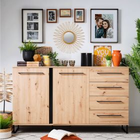 Kommode und Sideboard in Schwarz mit Oberflächen in Eichenoptik, Schubladenstauraum und Gestaltung im Industrial-Stil. Der Artikel ist freigestellt auf weißem Hintergrund abgebildet. Sichtbare Details sind geschlossene Schranktüren, Schubladenfronten, waa