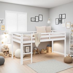 White wooden loft bed with ladder and continuous safety rails, set in a cheerfully decorated children's room with colorful accents and modern details.