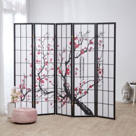Paravent Black Cherry Pattern | Rice Paper White | 5-panel | Wood | Room Divider Partition Privacy Screen