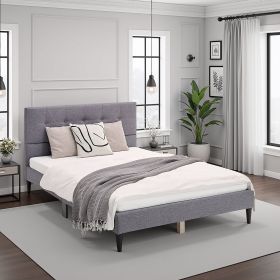 Modern bedroom featuring a light grey upholstered bed frame with button-tufted headboard and wooden legs. The bed is made and positioned between two matching grey nightstands, overlooking a city skyline and the ocean through a large panoramic window.
