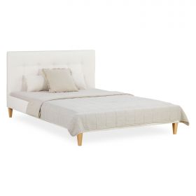 Small Double Bed 140x200 cm with Mattress Bouclé Beige Upholstered Bed with Slatted Frame Fabric Bed Frame