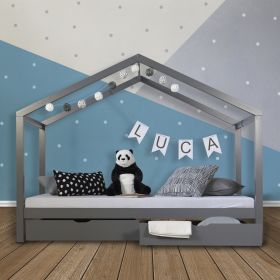 Cot House Bed 90x200 Children's House Play Bed Wooden Bed Bed Drawer Nature White Grey