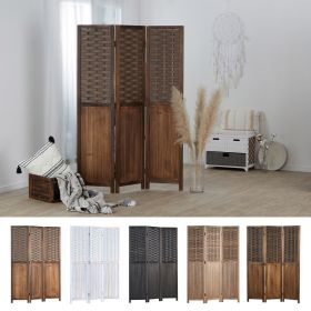 Paravent Room Divider 3 Parts Wood Partition Rattan Optics Privacy Screen Brown White Black Nature