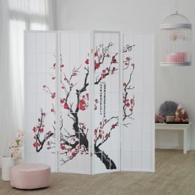 Paravent White Cherry Pattern | Rice Paper White | 4-panel | Wood | Room Divider Partition Privacy Screen