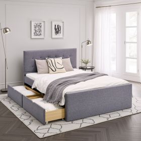 Upholstered Bed 140x200 cm Gray with Slatted Base & 4 Storage Drawers – Modern Fabric Bed with Extra Storage Space