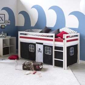 Loftbed 90x200 cm Bunk bed Childrens bed Solid Pine Wood Tower Tunnel Curtain Black Pirate Slide Mattress Slats