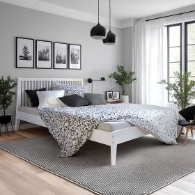 Wood Bed 140x200 cm White | Double Bed | with Slatted Frame | Scandinavian Style | Kids Youth Guest Bedroom