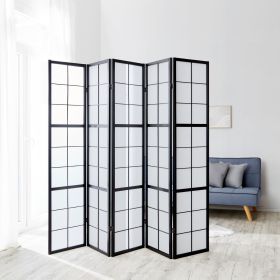 Paravent in Schwarz mit 5 beweglichen Elementen und Shoji-Design. Der Artikel ist freigestellt auf weißem Hintergrund abgebildet. Sichtbare Details sind mehrere gelenkig verbundene Paneele, ein regelmäßiges Holzraster und helle Paneelflächen.