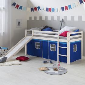 Loftbed 90x200 cm Bunk bed Childrens bed Solid Pine Wood Tower Tunnel Curtain Blue Slide Mattress Slats